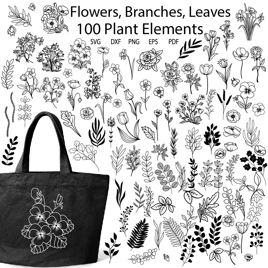 100 Botanical PNG Clipart. SVG Vector Flowers, Leaves, Branches cover image.