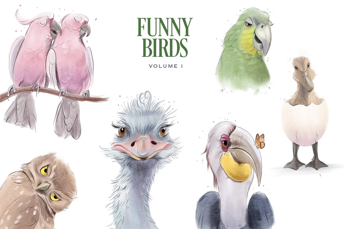 Cover image of Funny Birds. Watercolor Clip Art.