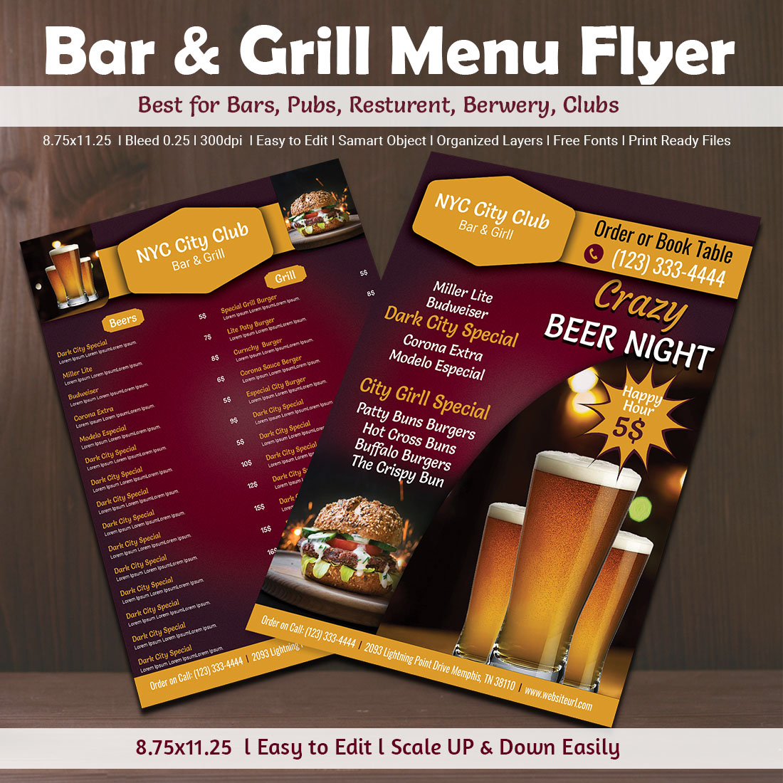 Beer Bar & Grill Menu Restaurant Flyer previews.