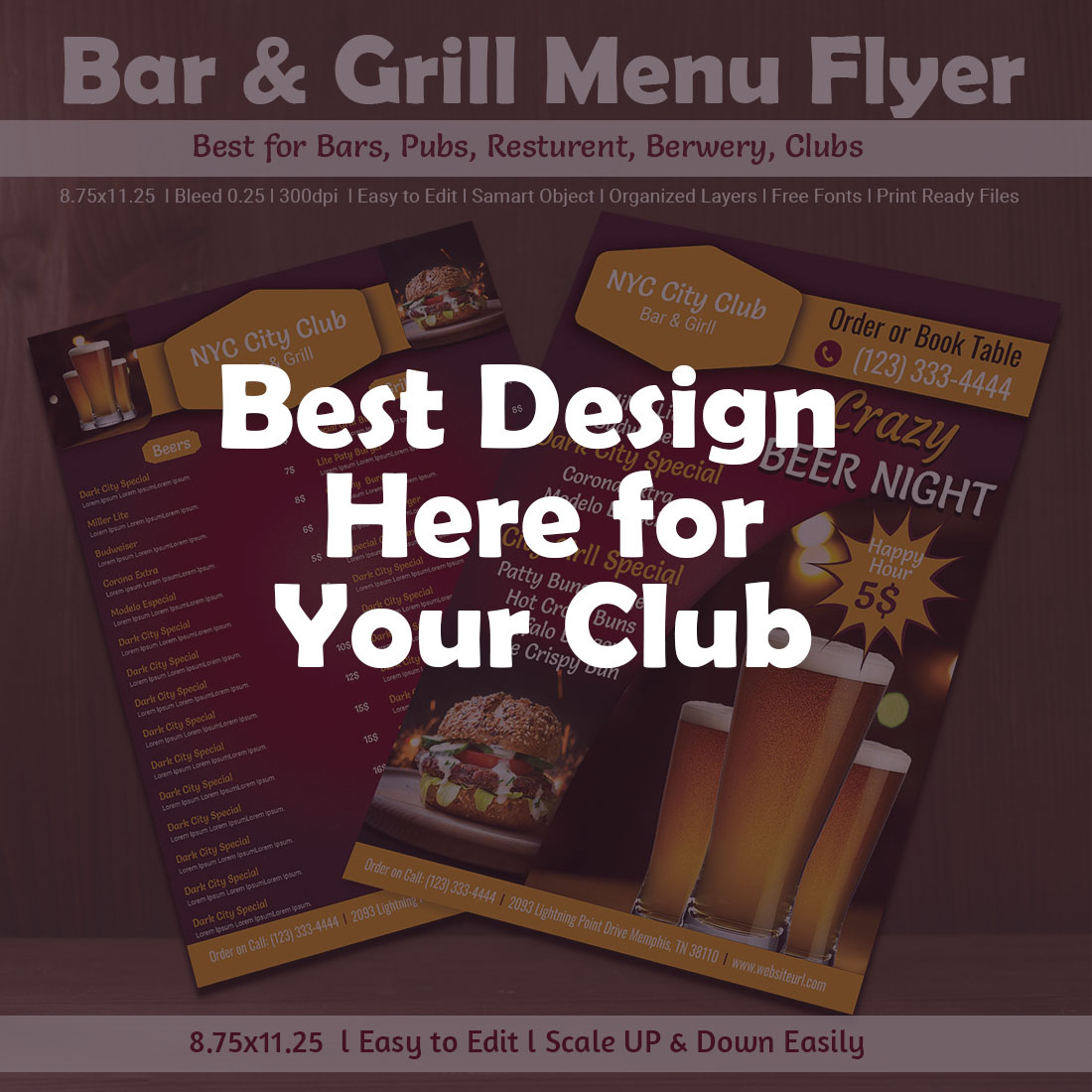 Beer Bar & Grill Menu Restaurant Flyer cover image.