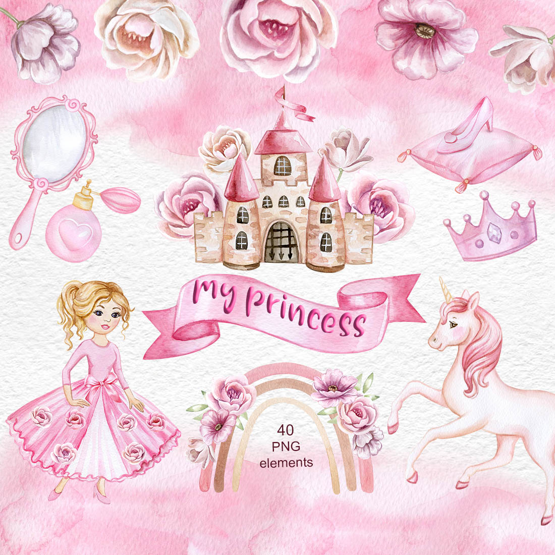 Sweet Princess Watercolor Girl Clipart, Castle cover image.