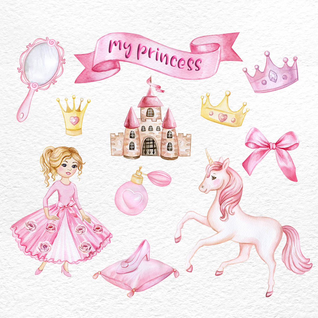 Sweet Princess Watercolor Girl Clipart, Castle previews.