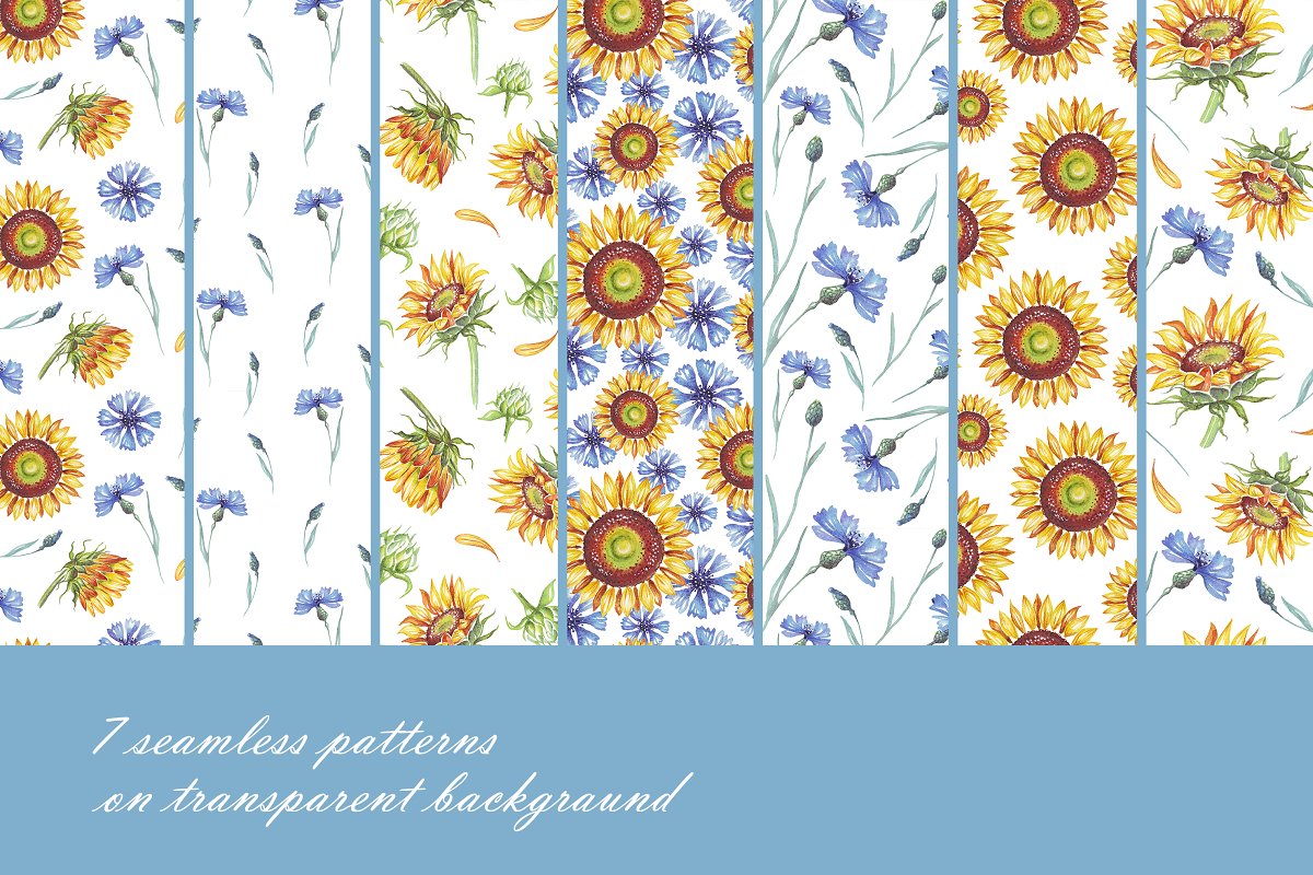 Bright sunflowers seamless patterns included in this collection.