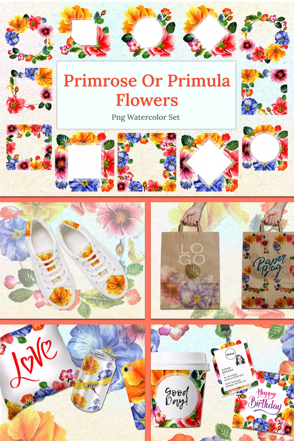 Primrose or primula flowers png watercolor set.