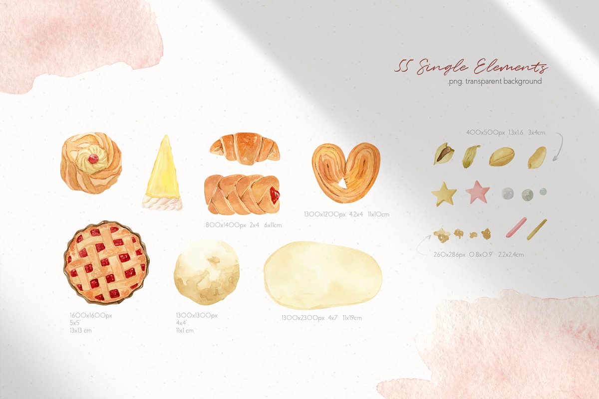 55 watercolor single bakery elements with transparent background.