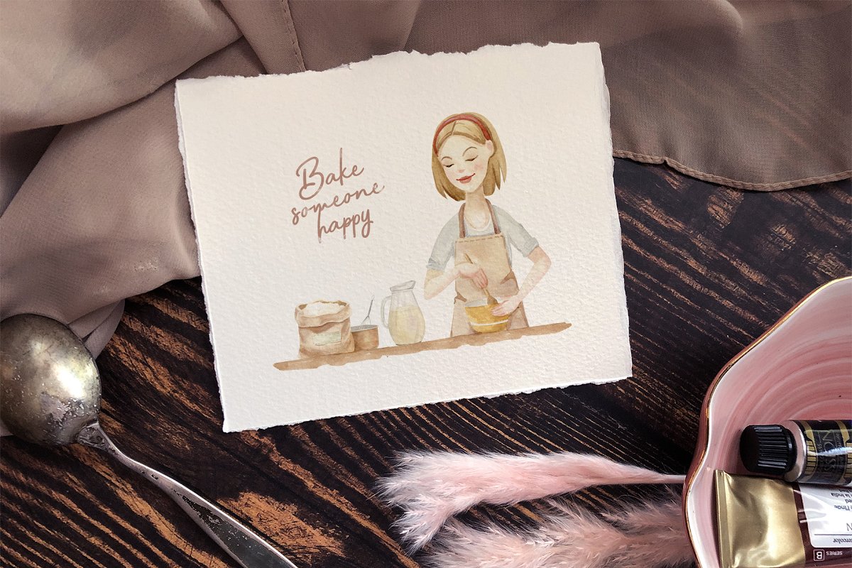 Set of gentle cosy illustrations in soft pastel pink, green, blue, beige, peach colors.