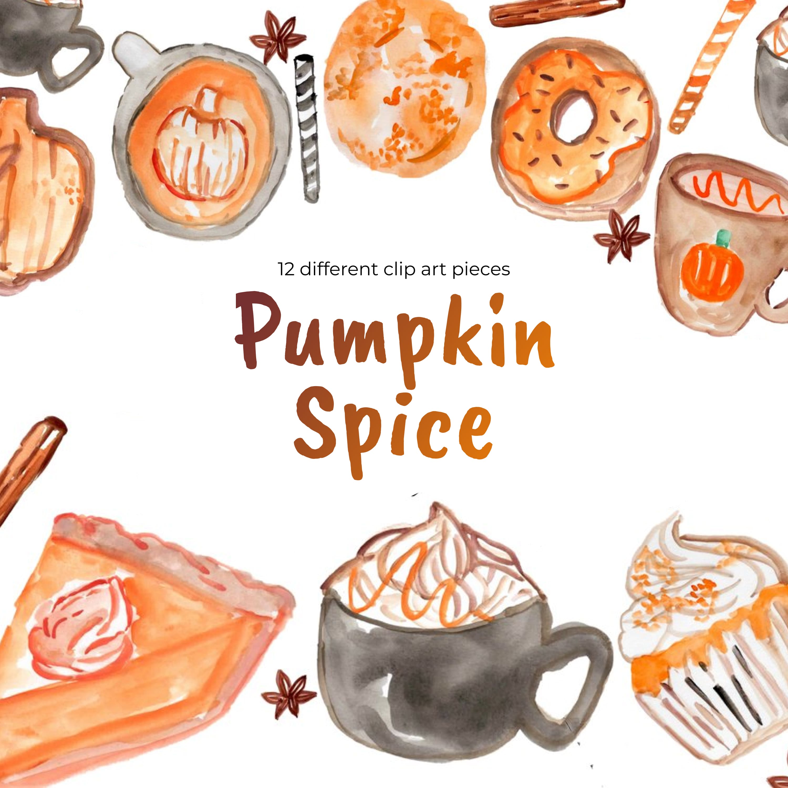 Pumpkin Spice Watercolor Clip Art.