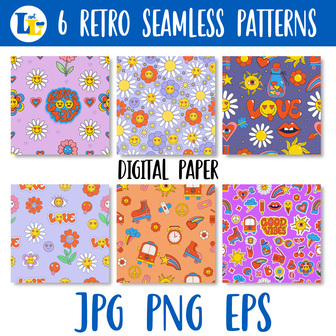 Retro Hippy Seamless Pattern Groovy Background Digital Paper cover image.