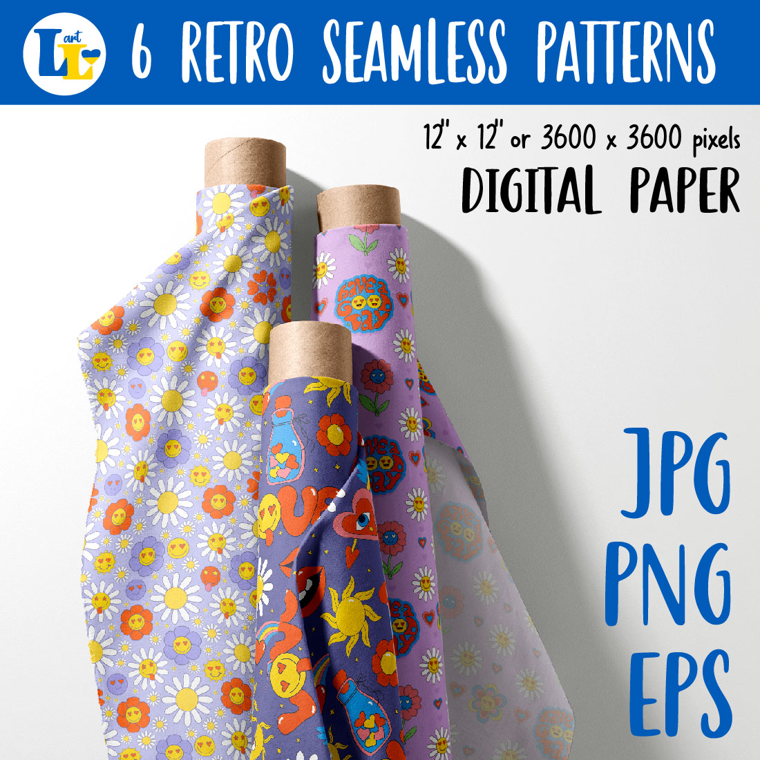 Retro Hippy Seamless Pattern Groovy Background Digital Paper previews.