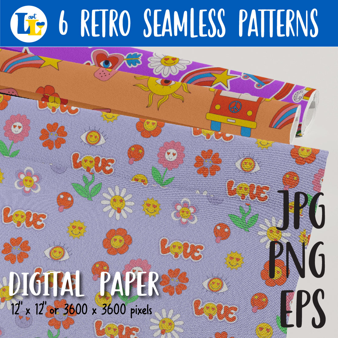 Retro Hippy Seamless Pattern Groovy Background Digital Paper