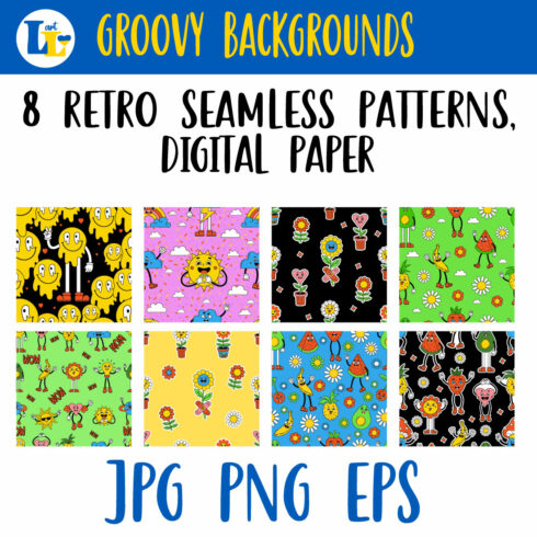 Retro Seamless Patterns, Groovy Backgrounds cover image.