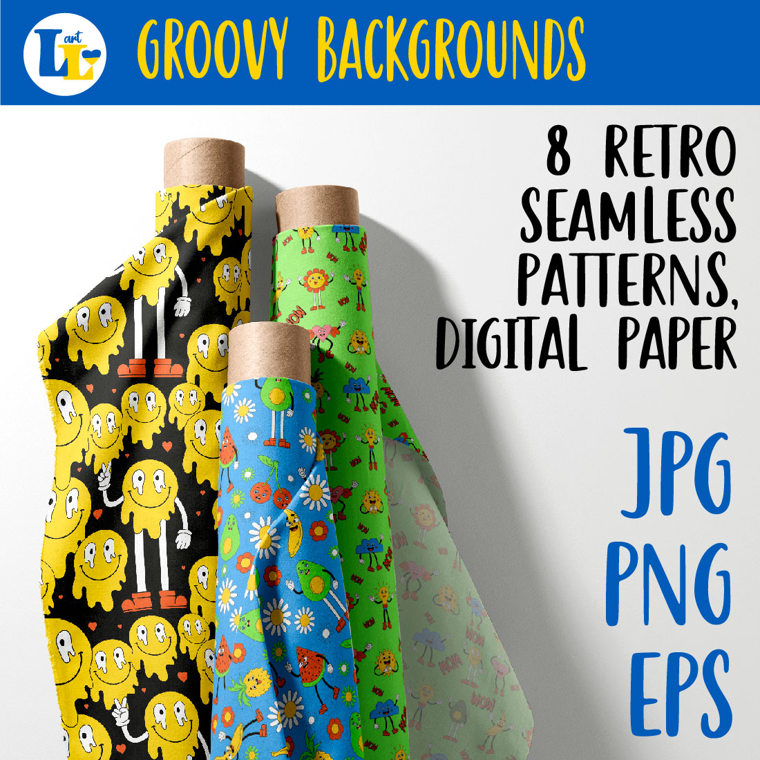 Retro Seamless Patterns, Groovy Backgrounds previews.