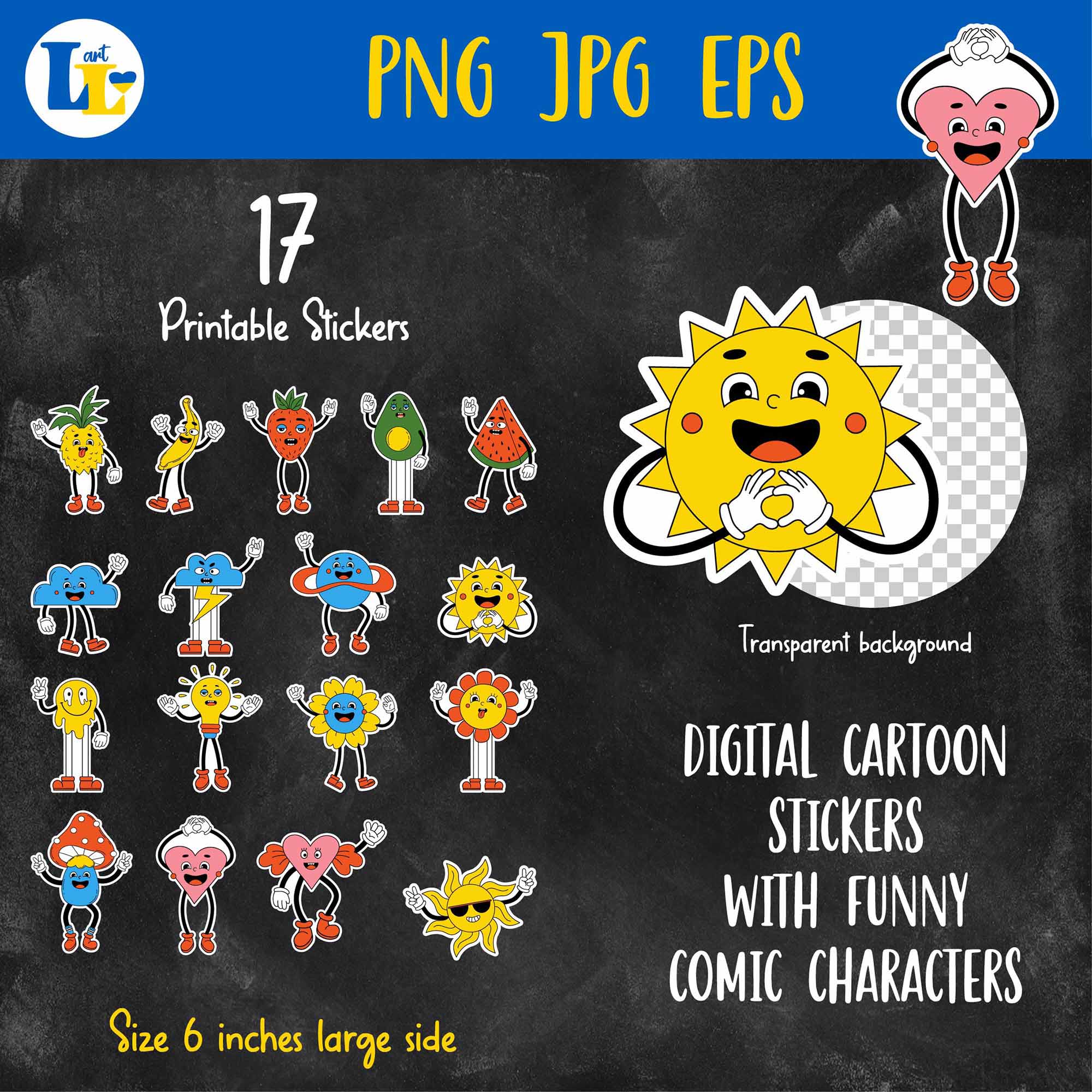 Funny Characters Digital Printable Stickers Bundle Preview Image.