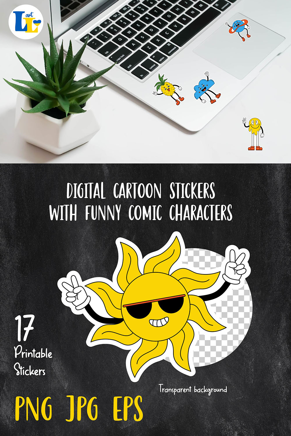 Funny Characters Digital Printable Stickers Bundle Pinterest Image.