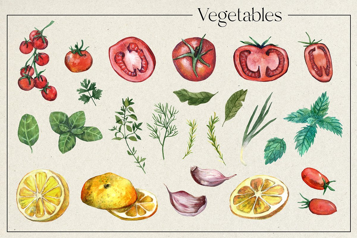 Individual vegetables and herbs.
