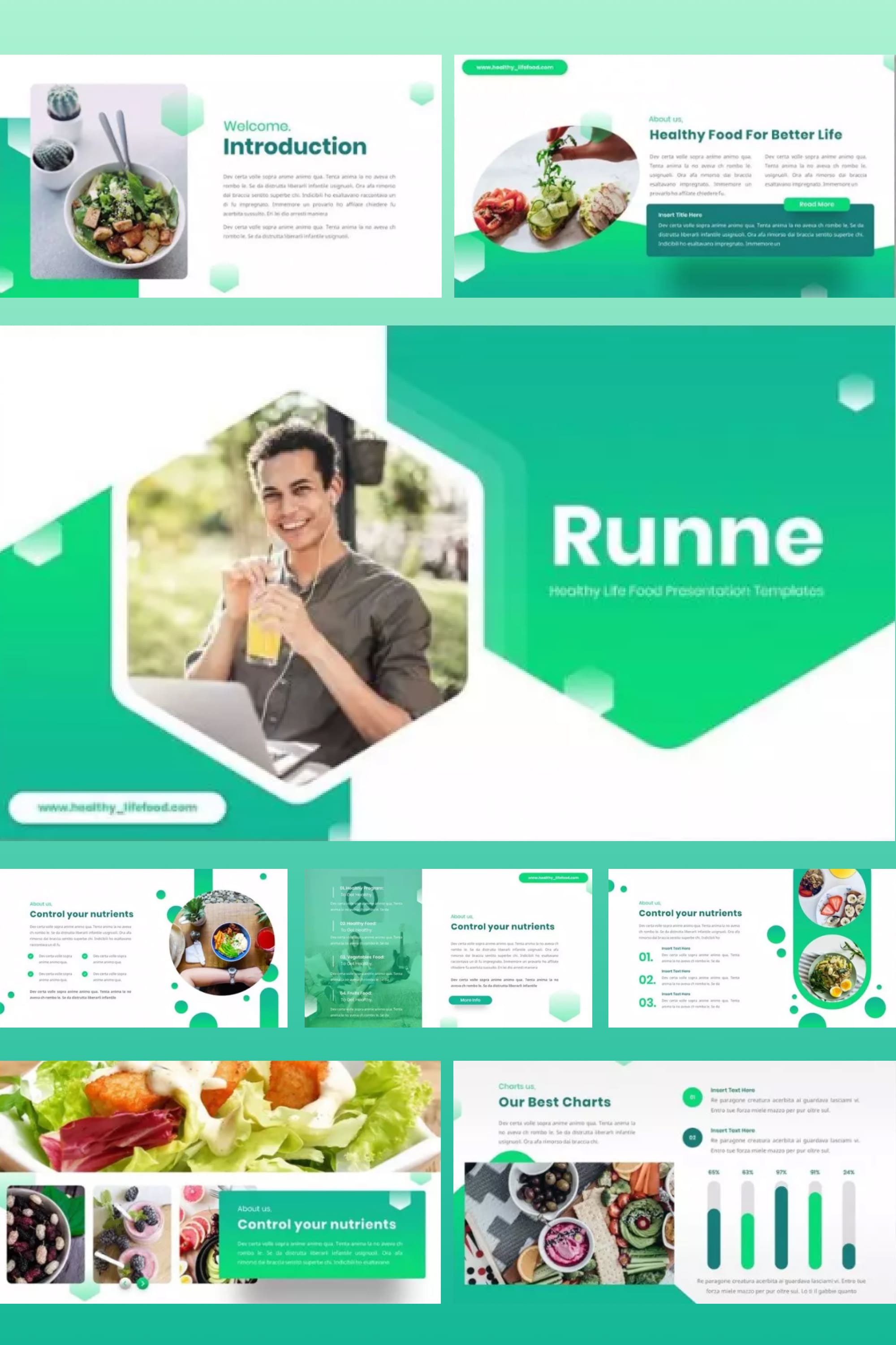 Collage of presentation pages in green and white design featuring salads.