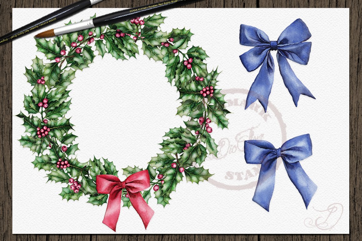 Festive Christmas frame with blue ribbon.