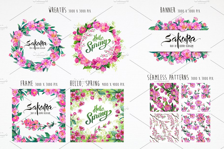 This set includes floral wreaths, frames, banners and seamless patterns.