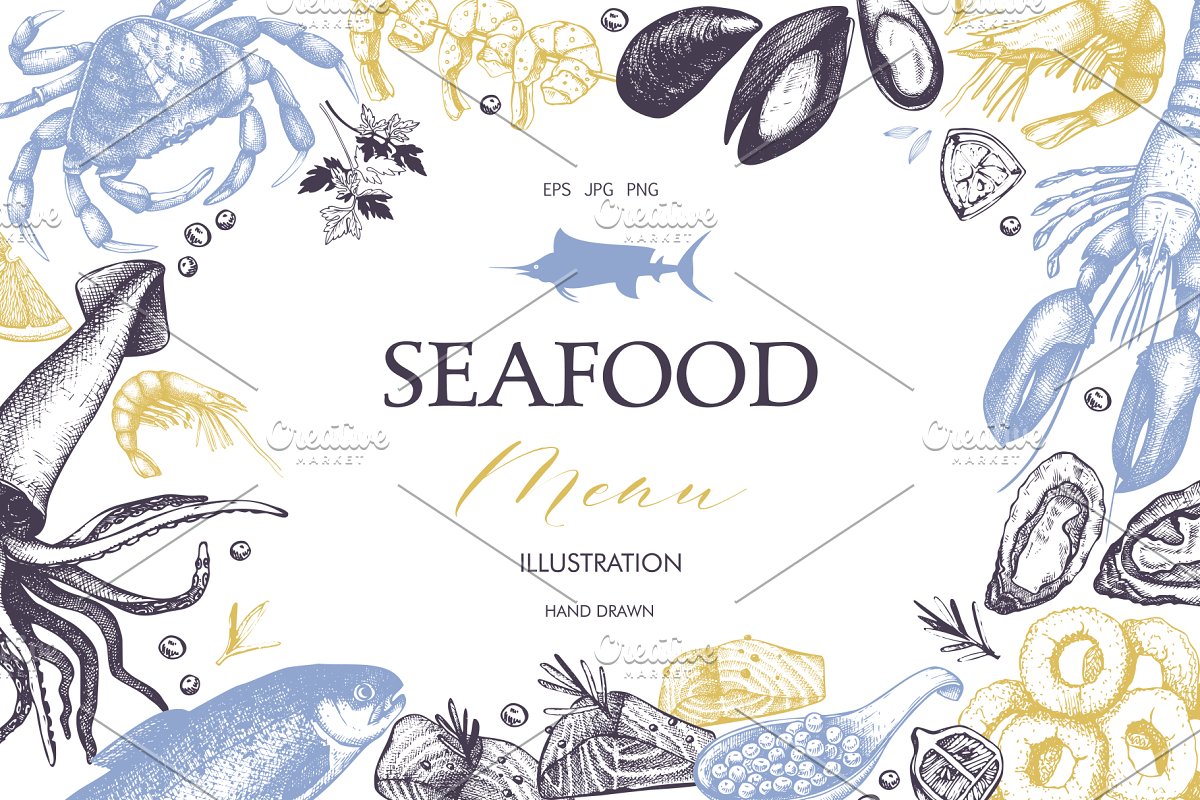 Sea food menu illustration.