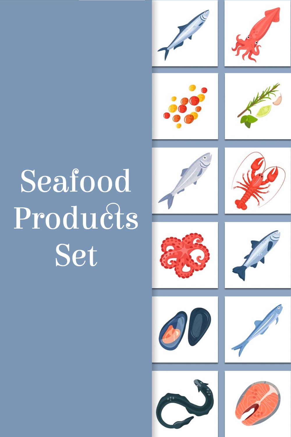 Seafood products set - pinterest image preview.