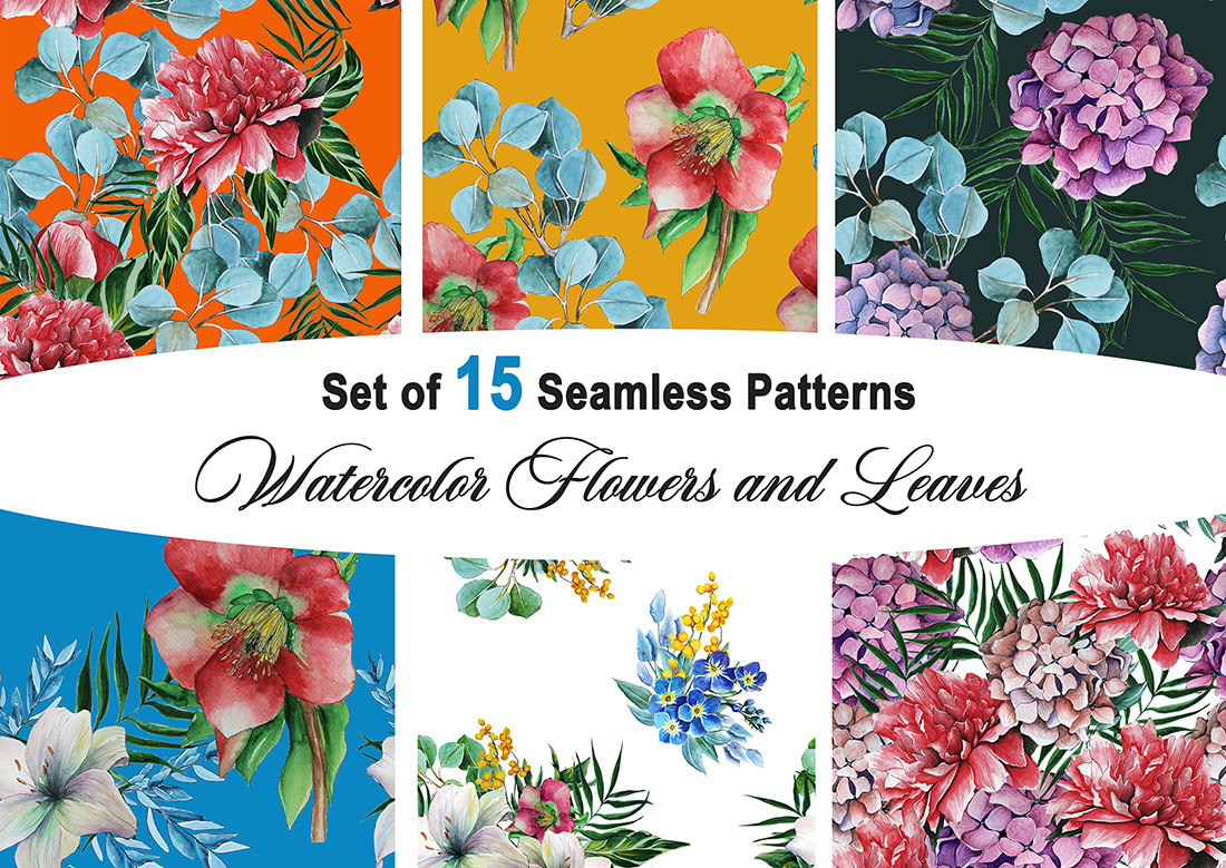 Set of 15 Patterns with Flowers and Tropical Leaves