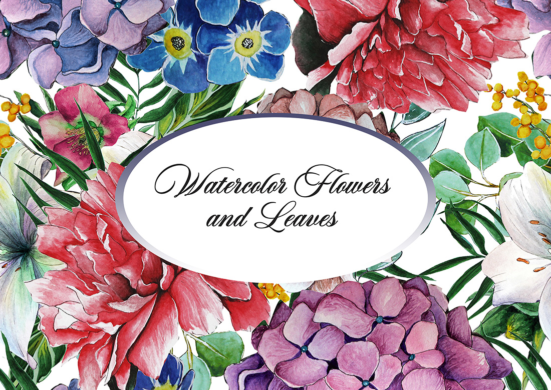 Set of 15 Patterns with Flowers and Tropical Leaves facebook image.