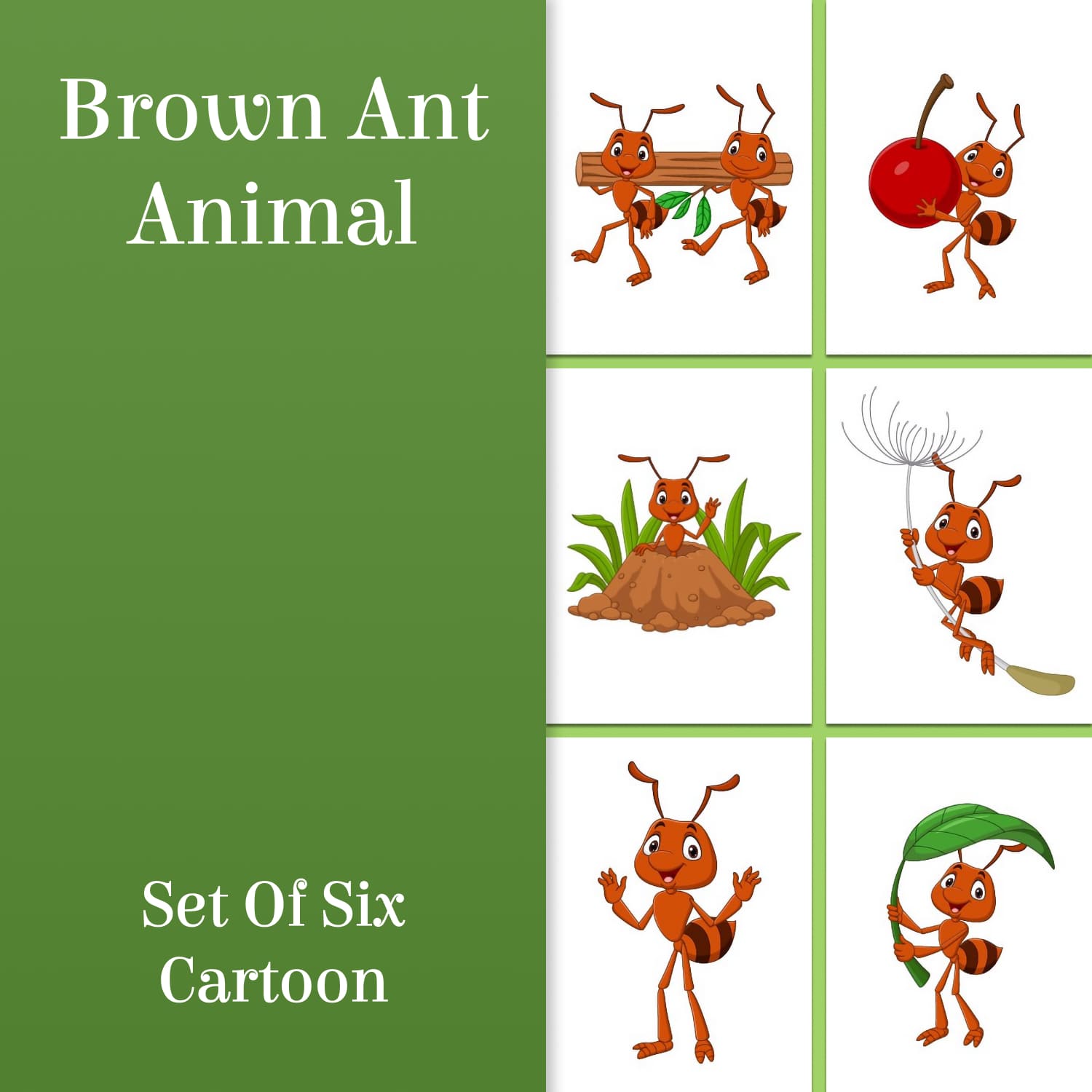 Set of Six Cartoon Brown Ant Animal.