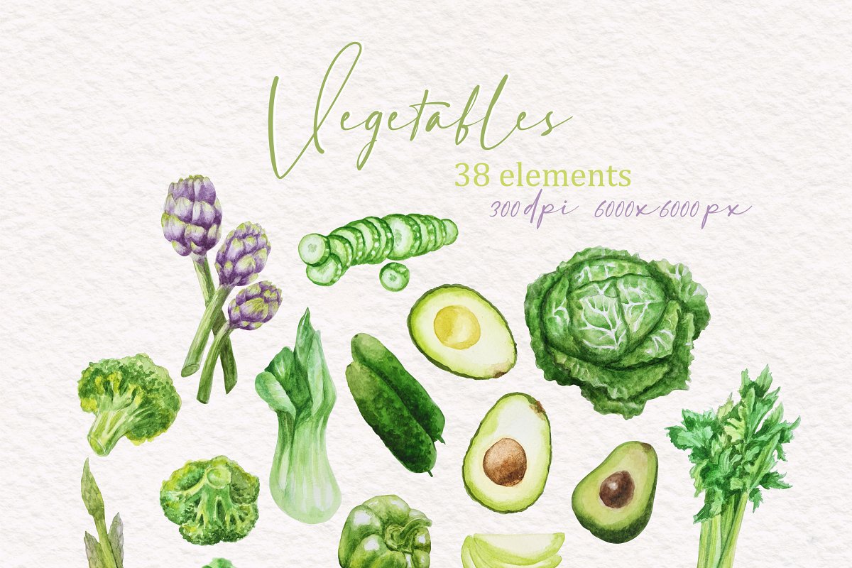 Colorful green watercolor vegetables.