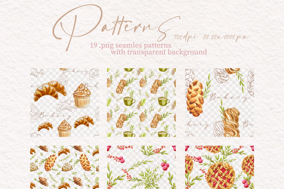 This set includes 19PNG seamless patterns with transparent background.