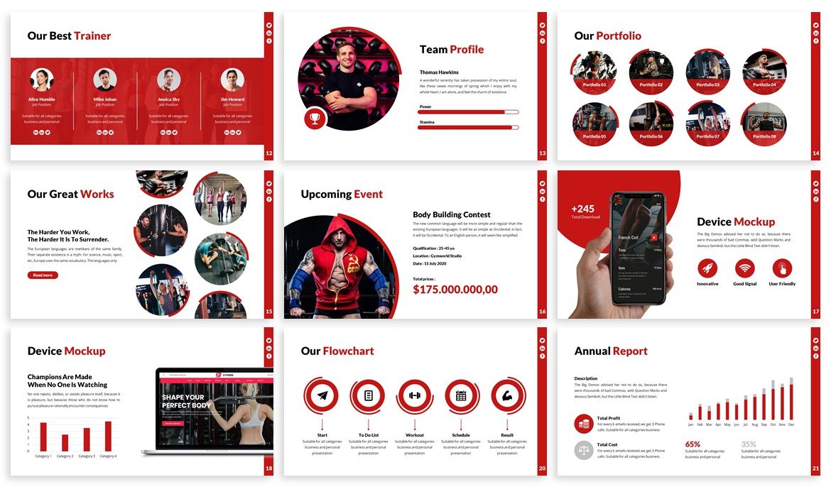 Modern red template for gym topics.