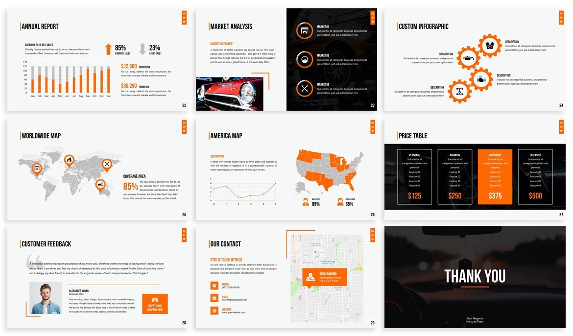 White template with orange elements and dark sections.