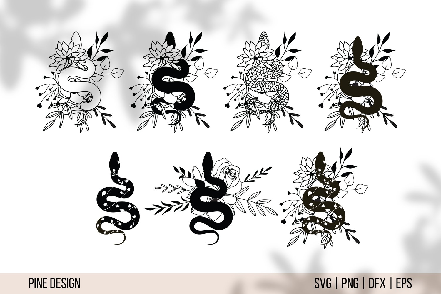 Set of six black and white images of flowers and snakes.
