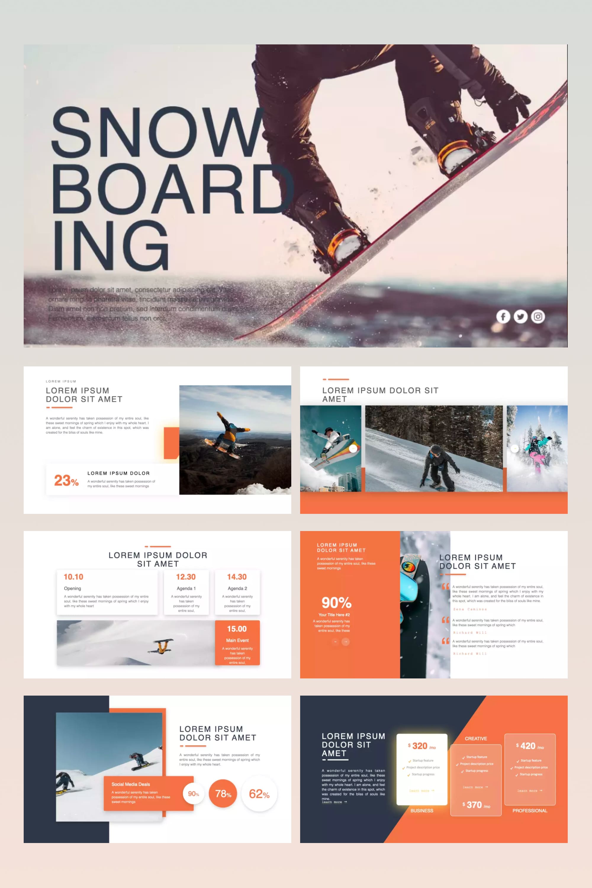Mix of presentation pages with white background, orange margins and photos of snowboarders.