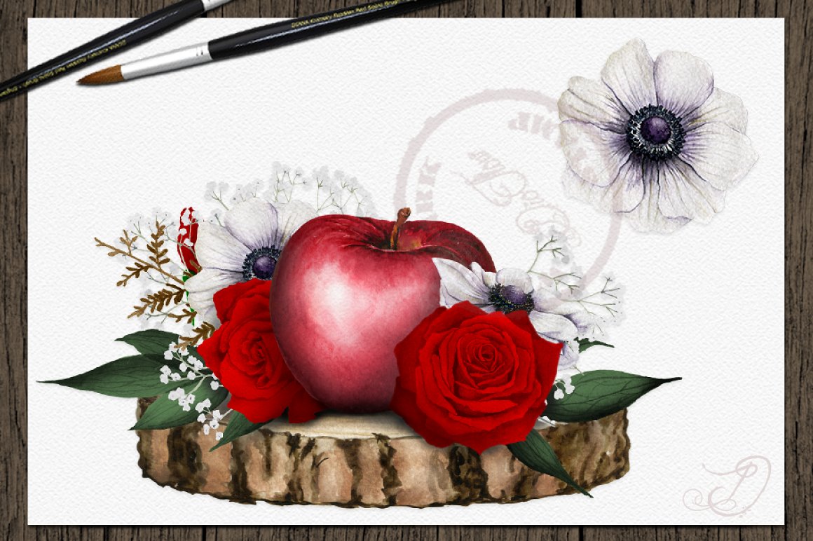 Apple and roses on a wooden background.