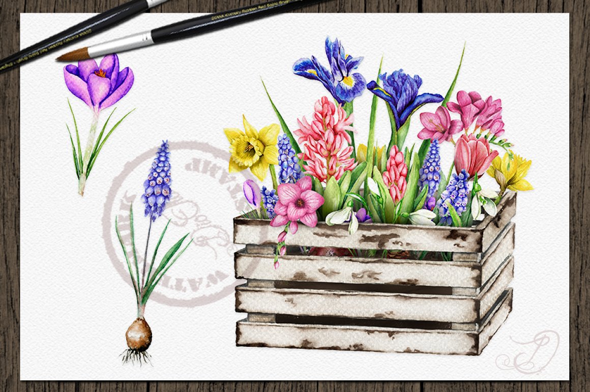 Wooden box with spring flowers.