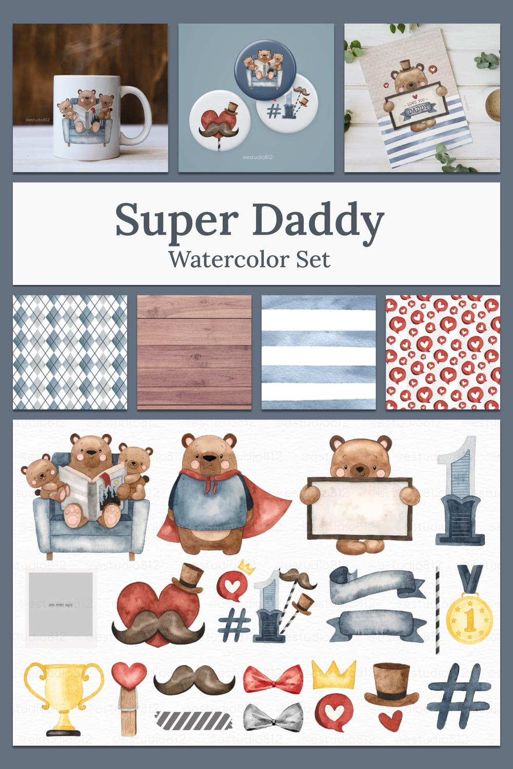 Super daddy watercolor set - pinterest image preview.