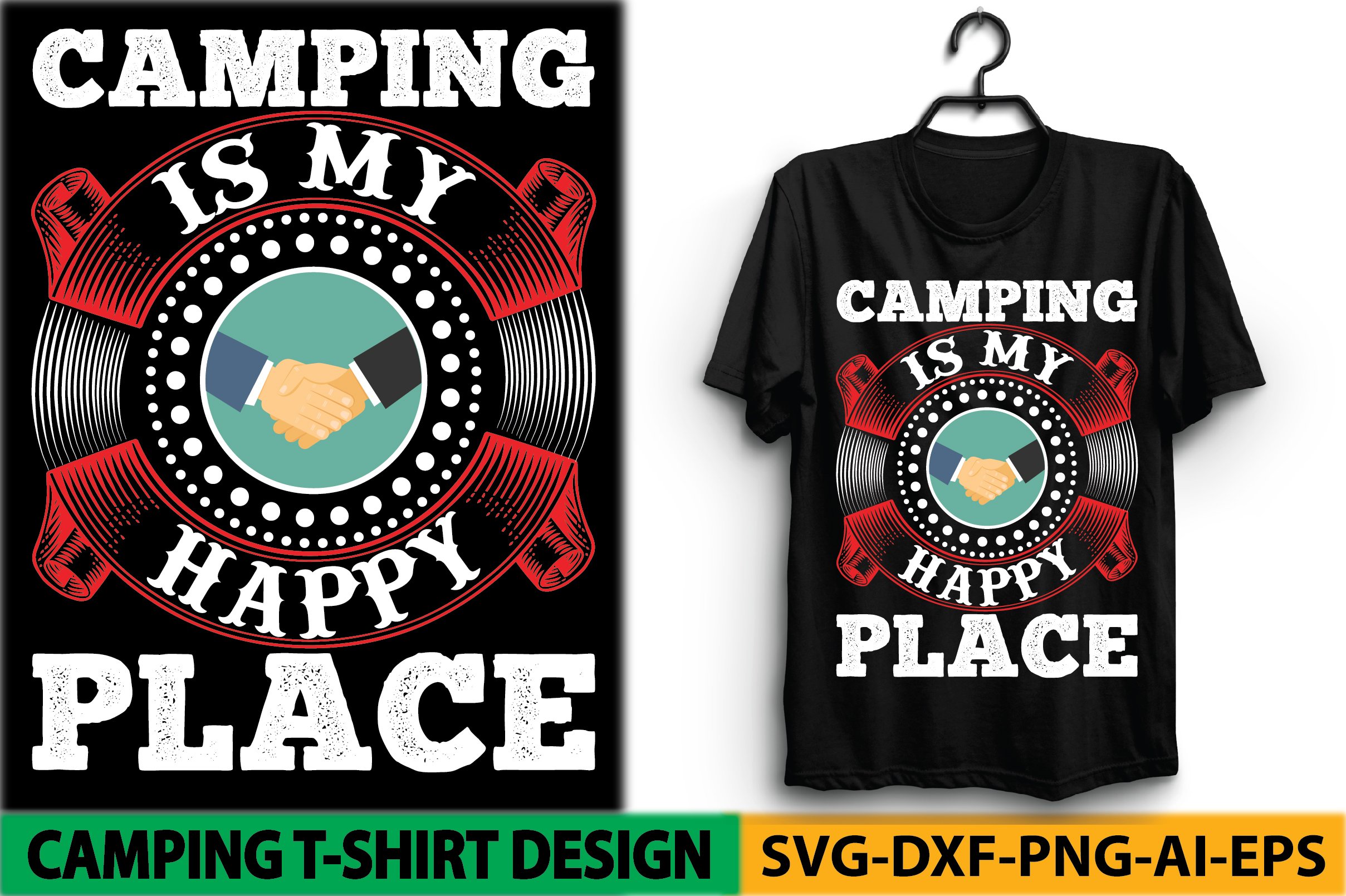 Classic black t-shirt with so colorful camping illustration.