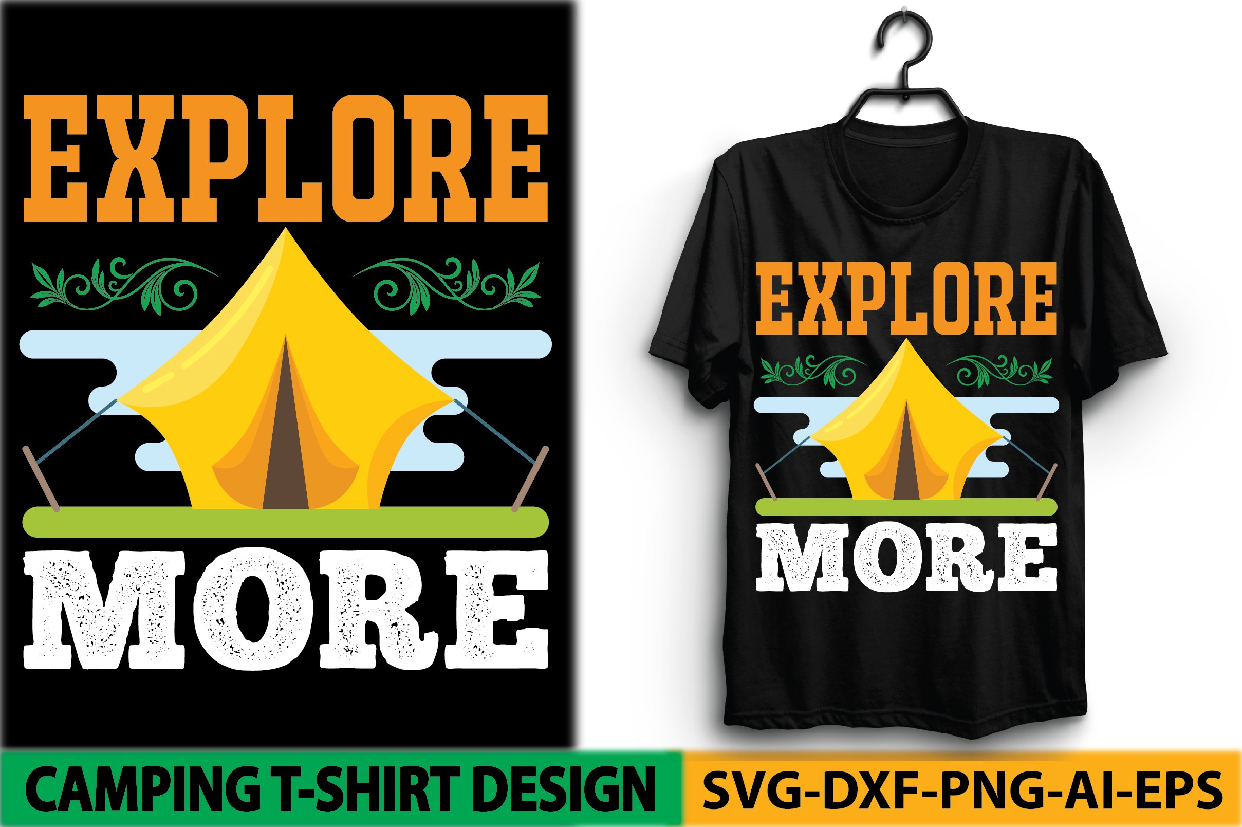 Yellow tent on a black t-shirt with orange font..