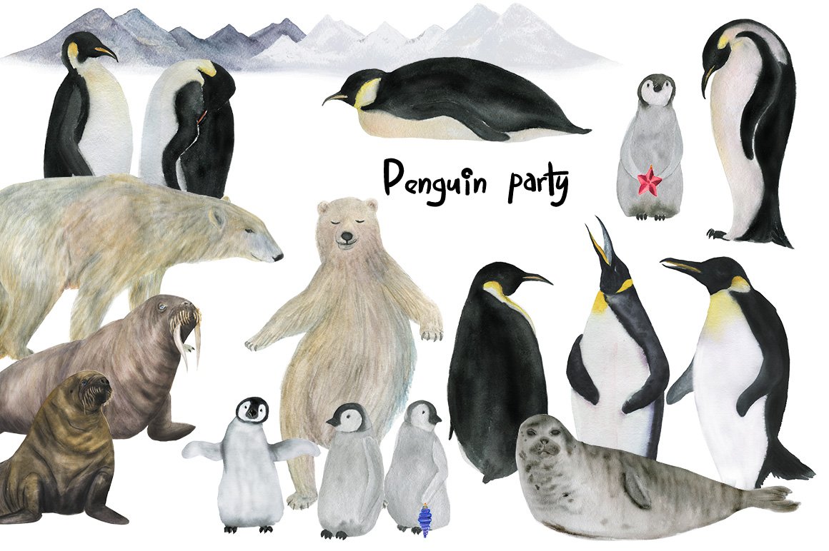 Penguins party illustrations.