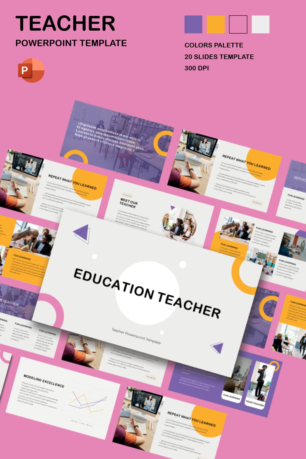Pink template with purple blocks for education presentations.