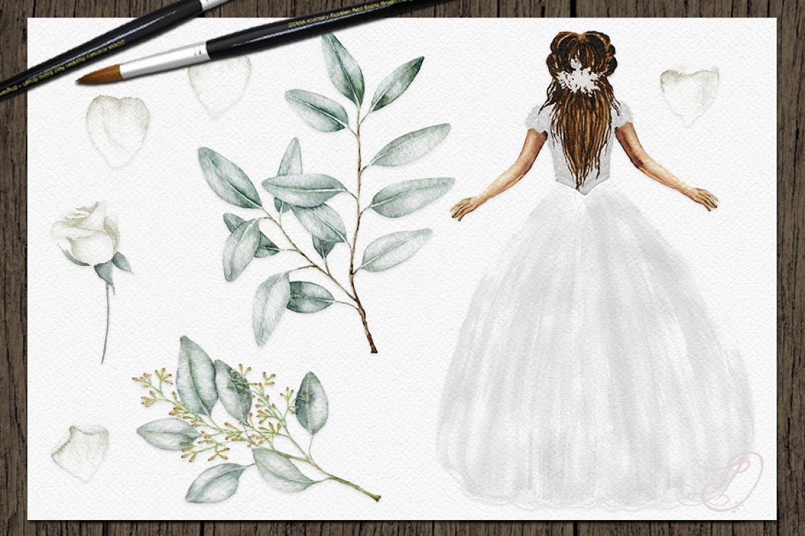 Delicate bride with an eucalyptus bouquet.
