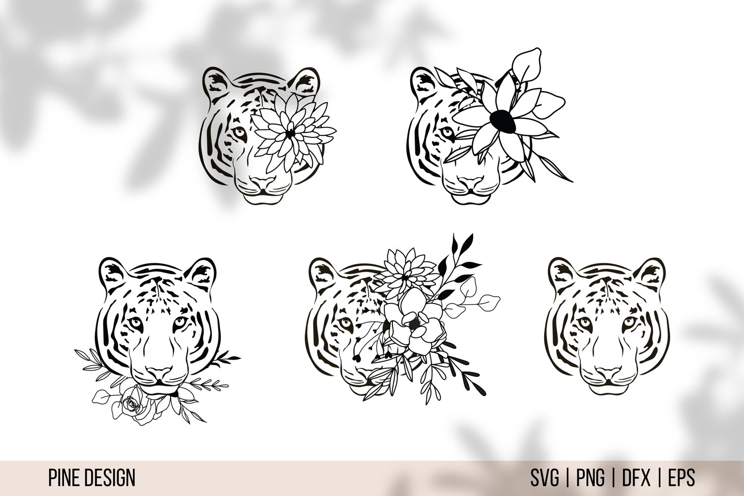 Set of four tiger heads with flowers.