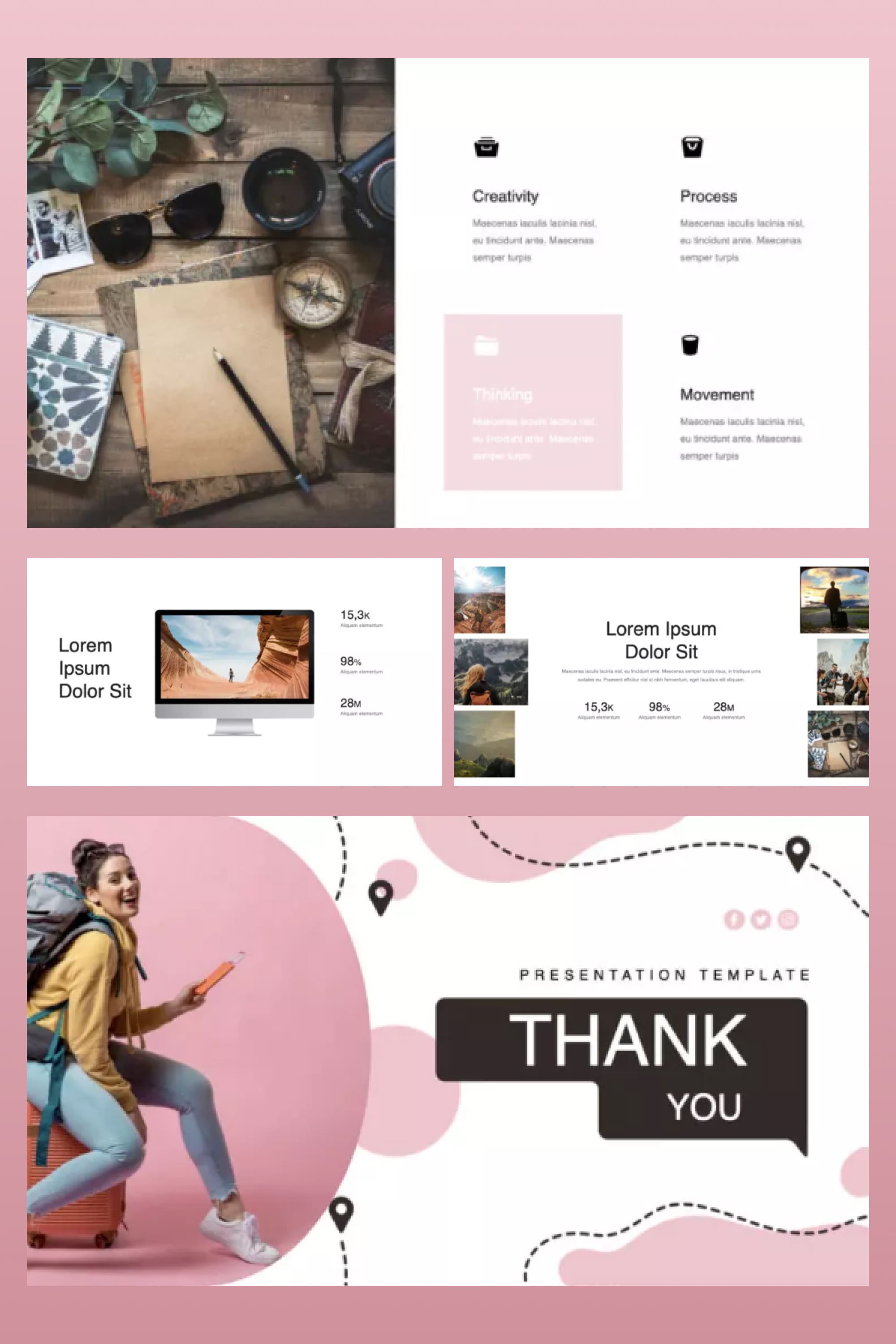Collage of presentation pages with pink and white backgrounds, photos and small text.