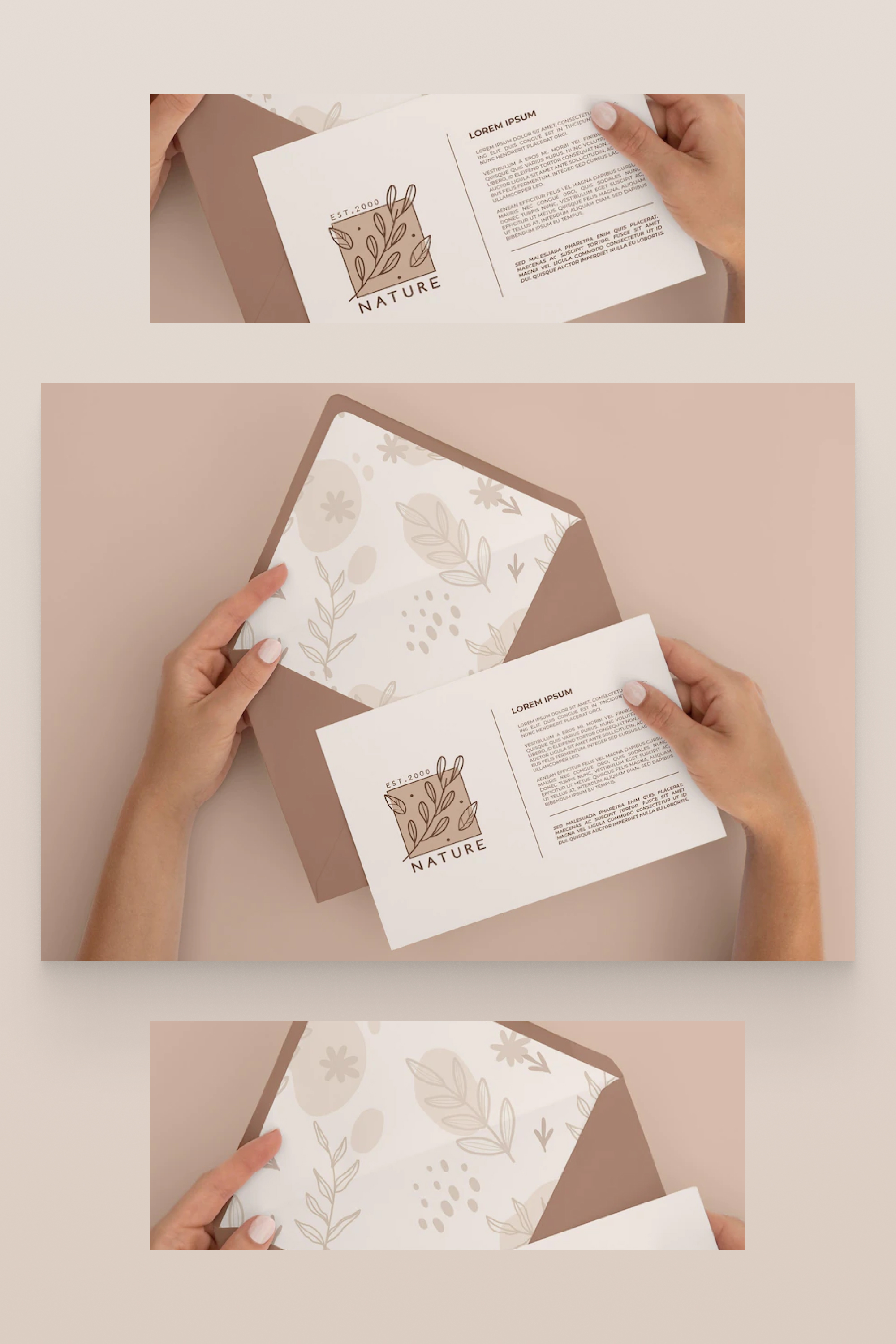 Envelope with text and flower pattern on a sheet in hands.