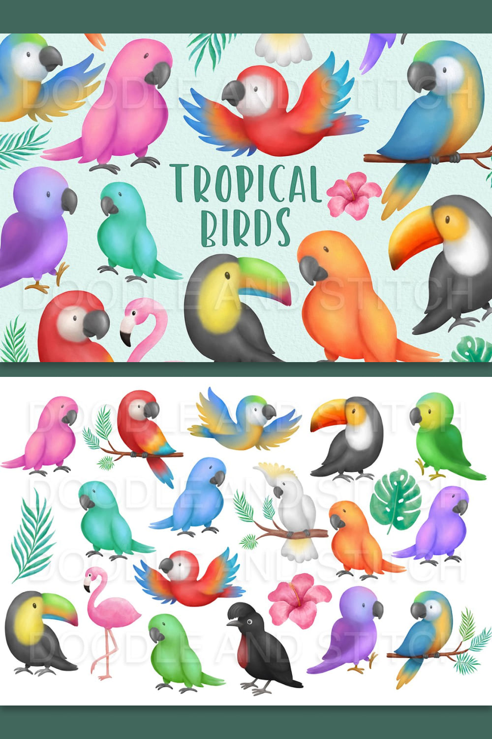 Tropical birds watercolor clipart - pinterest image preview.