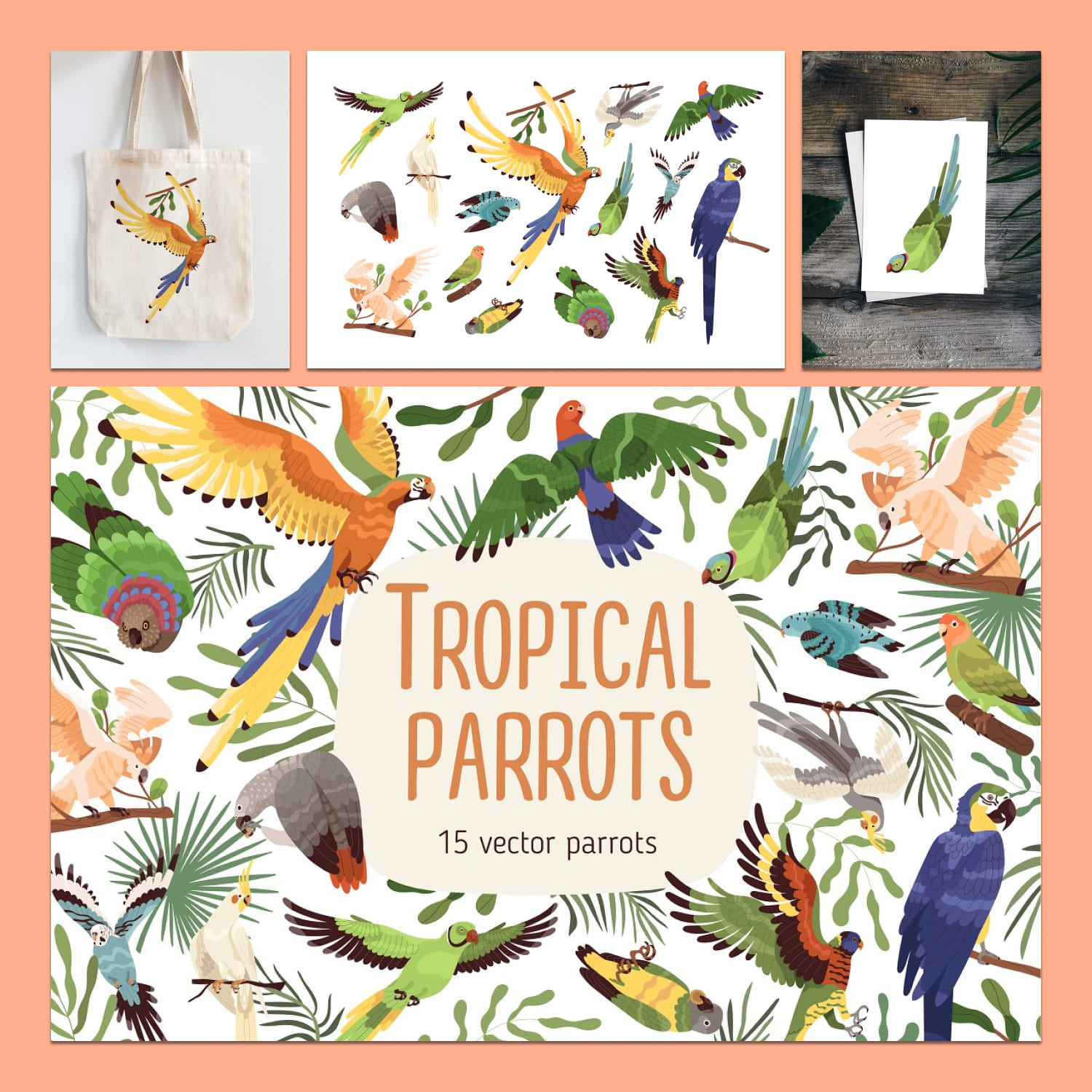 Tropical parrots set created by Good Studio.