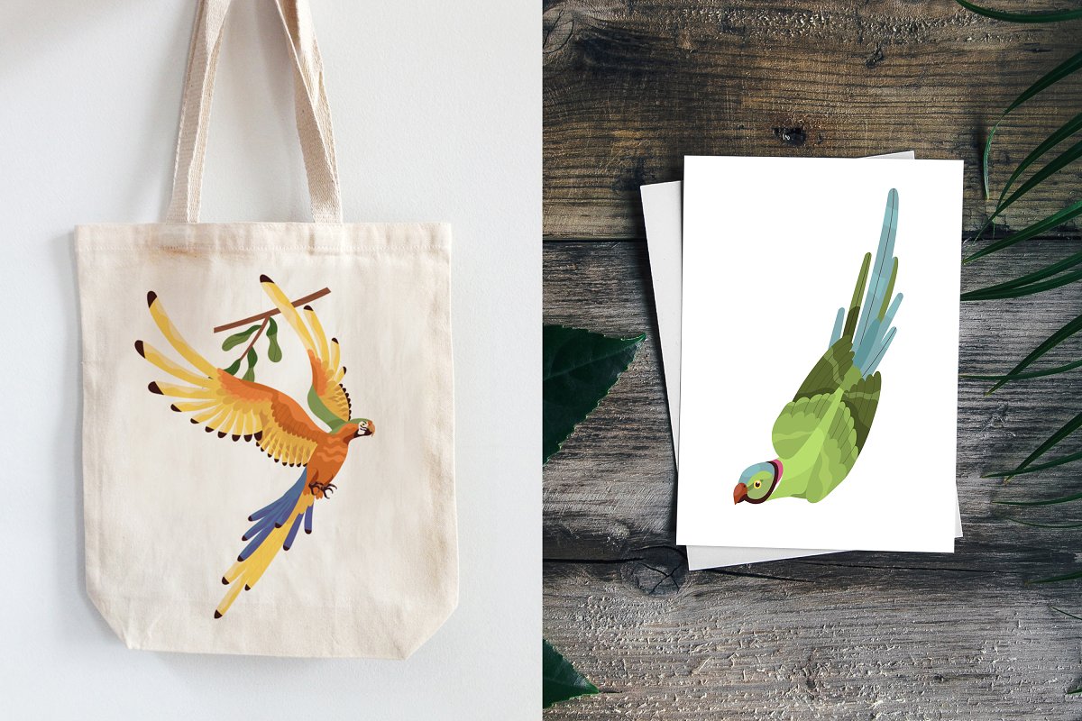 Bag & painting with parrot.