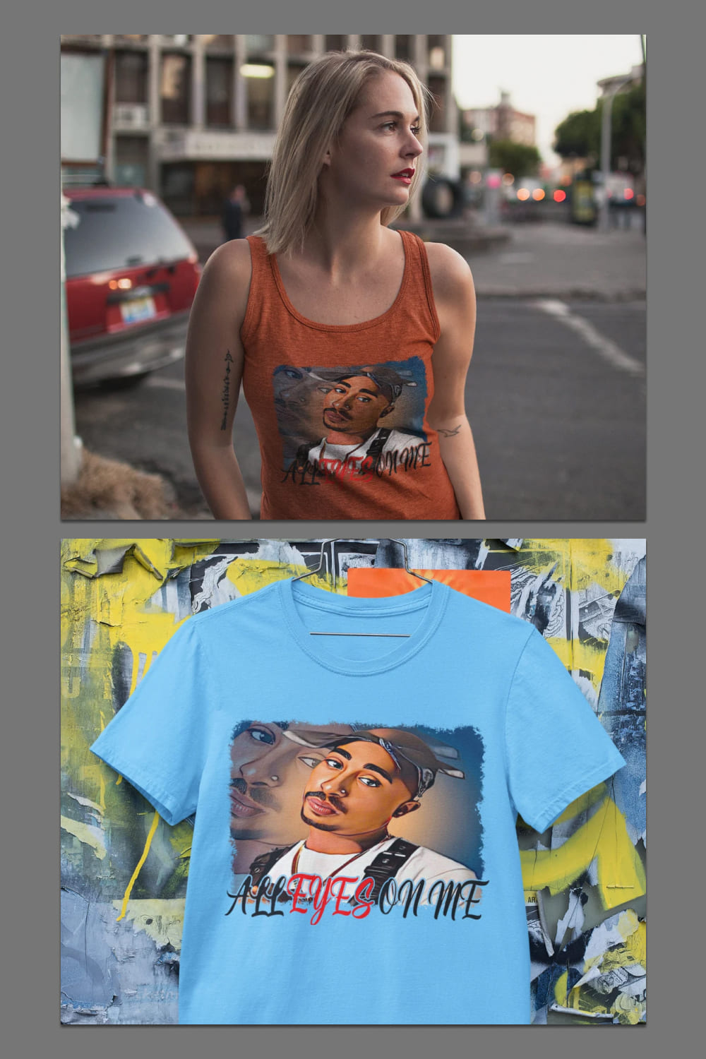 Two options of t-shirts with Tupac photo.