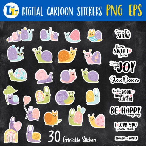 Cute Snails Printable Stickers Bundle PNG cover image.