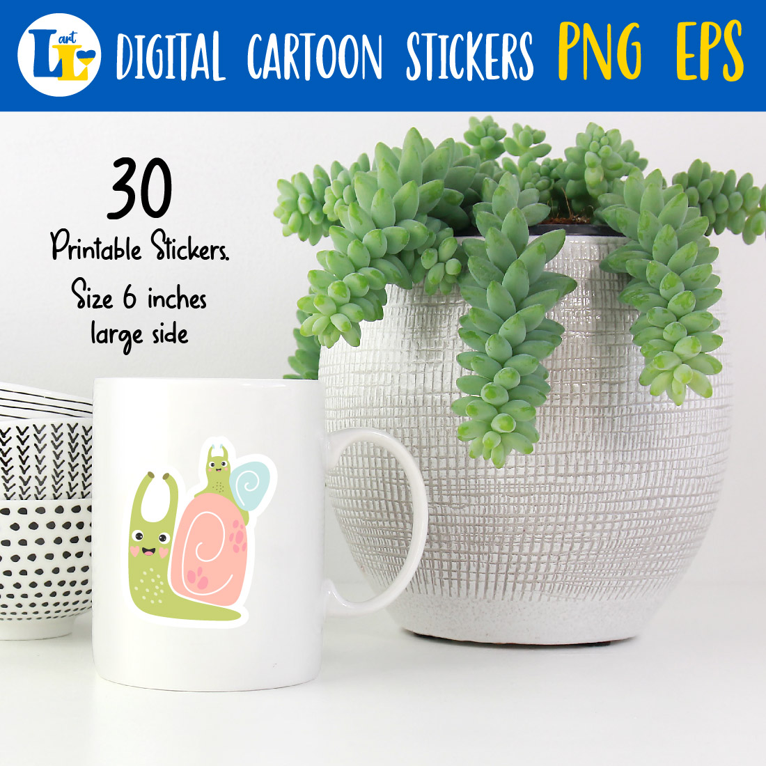 Cute Snails Printable Stickers Bundle PNG previews.